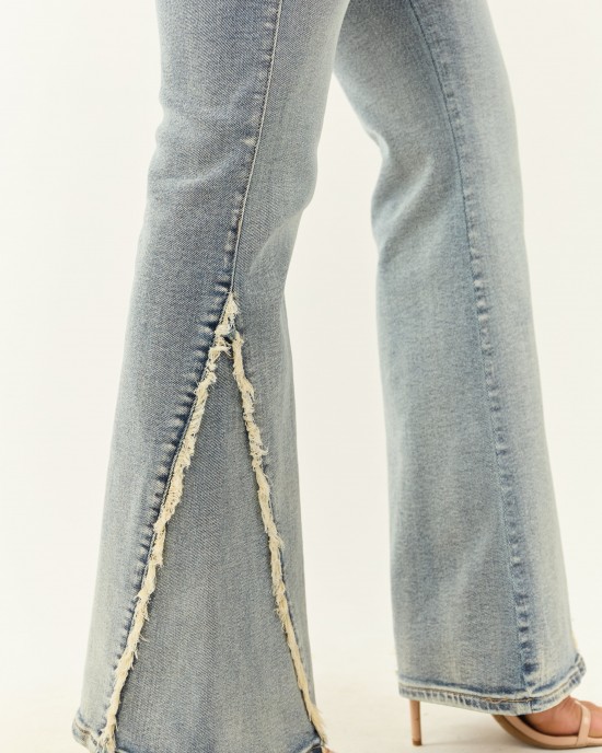 Cello Vintage Wash Stretchy Frayed Seam Flare Jeans