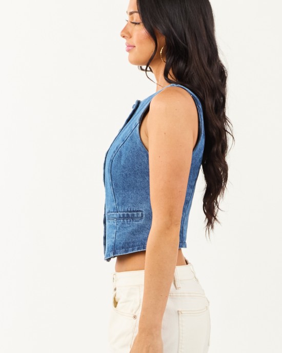 Medium Wash Princess Seam Button Up Denim Vest