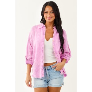 Orchid Washed Double Gauze Cotton Button Down Top