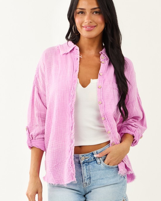 Orchid Washed Double Gauze Cotton Button Down Top
