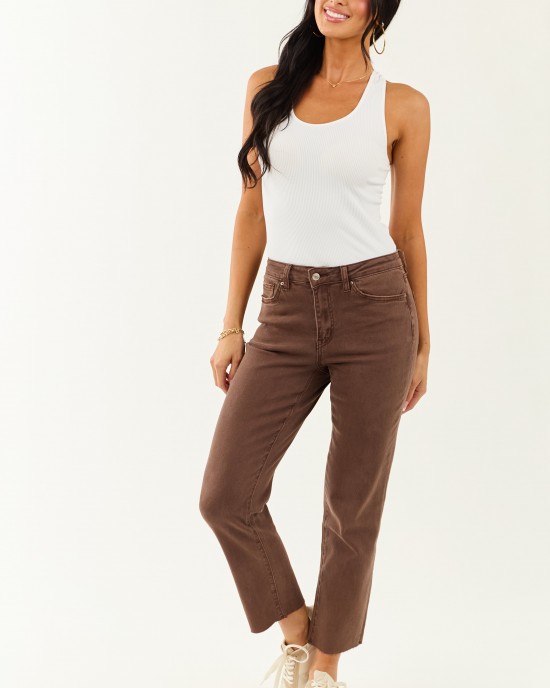 Coffee Cropped High Rise Stretchy Straight Jeans