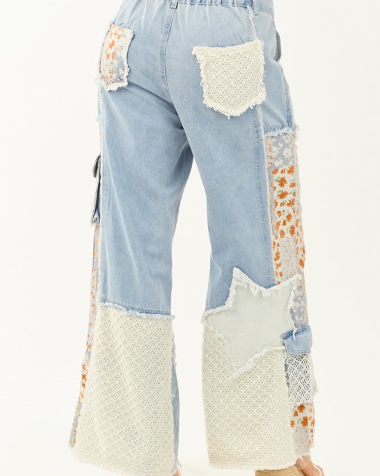 POL Medium Wash Patchwork Wide Leg Cargo Pants