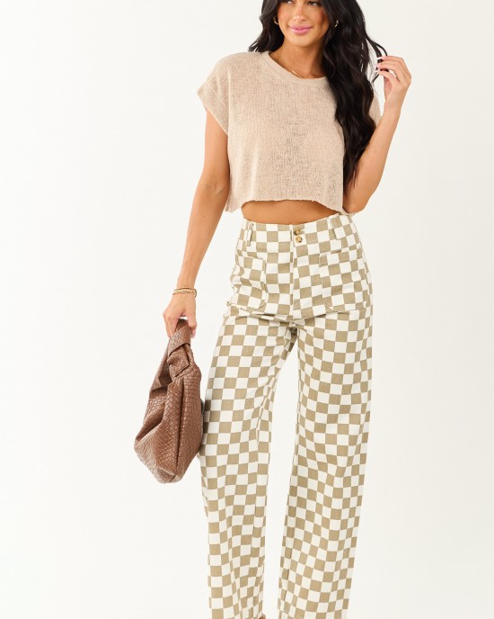 Olive and Ivory Checkered Denim Wide Leg Pants