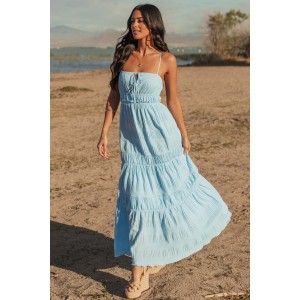 Sky Blue Ruched Tiered Sleeveless Maxi Dress