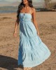 Sky Blue Ruched Tiered Sleeveless Maxi Dress