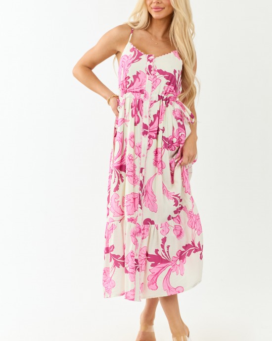 Entro Cream Floral Buttoned Sleeveless Maxi Dress
