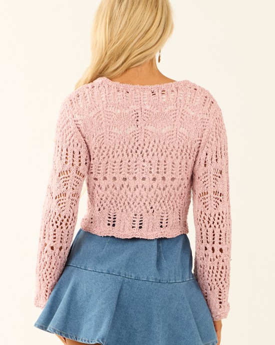 Dusty Blush Open Knit Two Tie Long Sleeve Cardigan