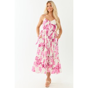 Entro Cream Floral Buttoned Sleeveless Maxi Dress