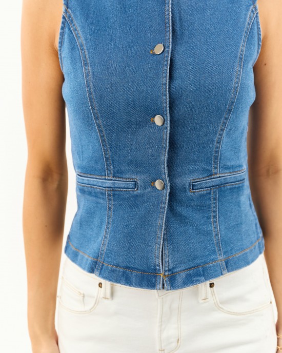 Medium Wash Stretchy Button Up Denim Vest