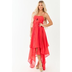 Poppy Red Layered Handkerchief Hem Maxi Dress