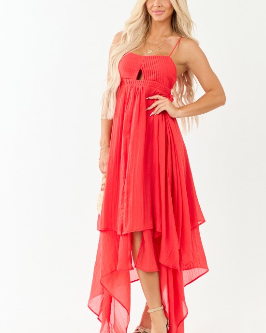 Poppy Red Layered Handkerchief Hem Maxi Dress