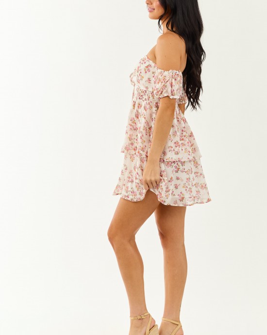 Ivory Floral Print Off the Shoulder Mini Dress