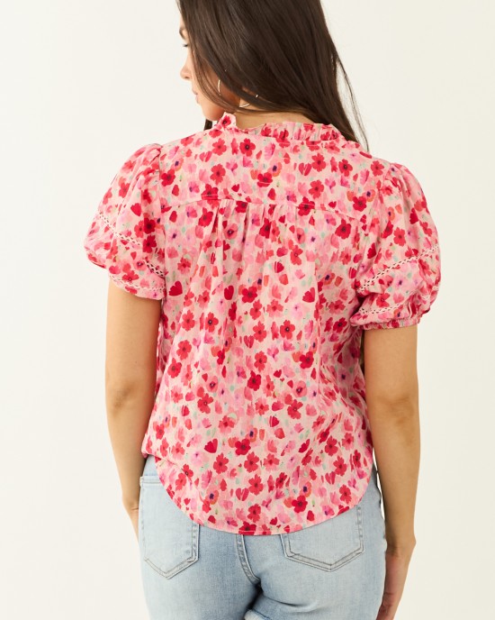 Carnation Floral Print Embroidered Puff Sleeve Blouse