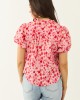Carnation Floral Print Embroidered Puff Sleeve Blouse