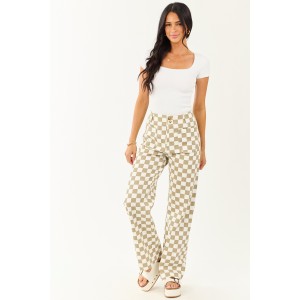 Olive and Ivory Checkered Denim Wide Leg Pants