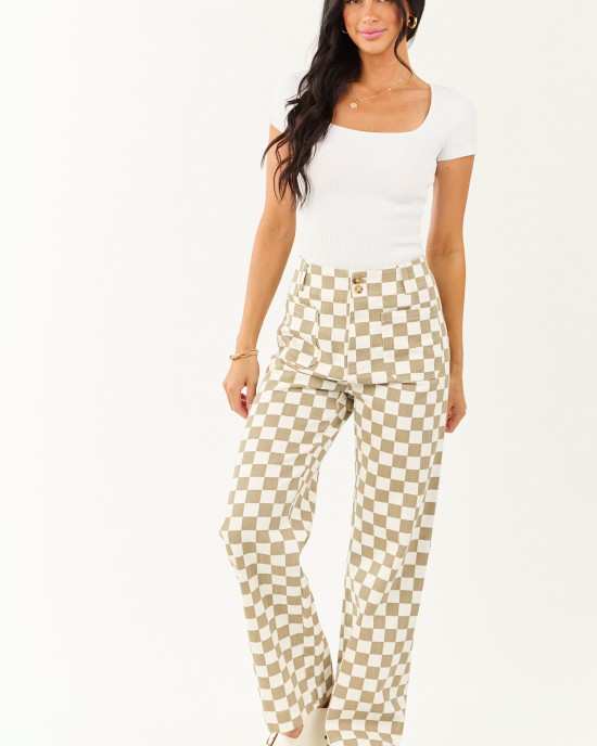 Olive and Ivory Checkered Denim Wide Leg Pants