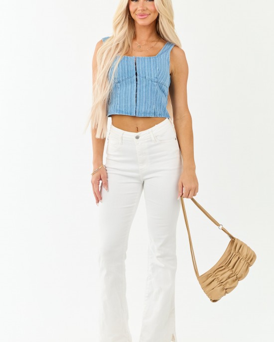Medium Wash Denim Smocked Back Cropped Tank Top