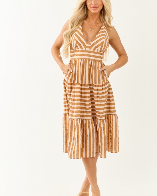 Brown Sugar Striped Sleeveless Midi Dress