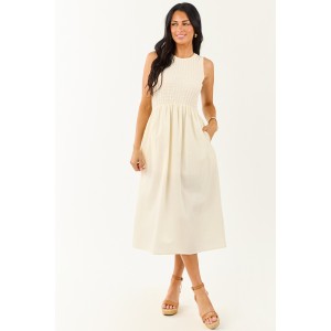 Cream Textured Bodice Contrast Skirt Midi Dress