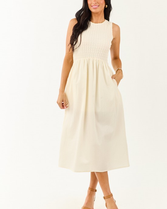 Cream Textured Bodice Contrast Skirt Midi Dress