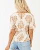 Cream Damask Print Short Sleeve Lace Top