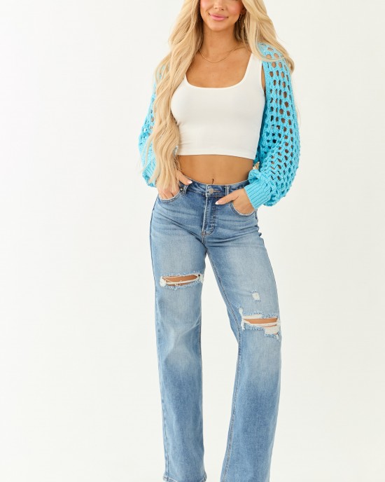 Baby Blue Open Knit Long Sleeve Shrug Cardigan
