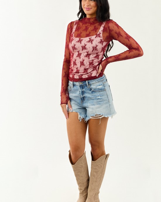 Wine Mesh Lace Mock Neck Long Sleeve Top
