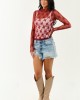 Wine Mesh Lace Mock Neck Long Sleeve Top
