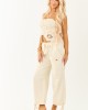 Cream Elastic Waist Relaxed Denim Cargo Pants