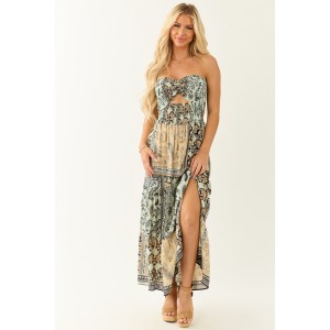 Almond Abstract Print Strapless Smocked Maxi Dress