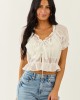 Off White Sheer Lace Cotton Tie Front Top