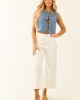 Off White Stretchy Denim Straight Patch Pocket Jeans