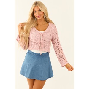 Dusty Blush Open Knit Two Tie Long Sleeve Cardigan