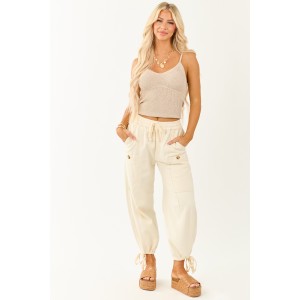 Cream Elastic Waist Relaxed Denim Cargo Pants