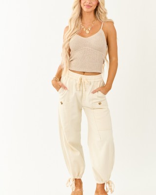 Cream Elastic Waist Relaxed Denim Cargo Pants