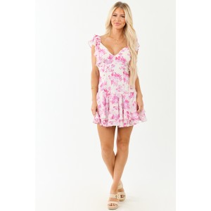Cream Floral Print Chiffon Ruffle Mini Dress