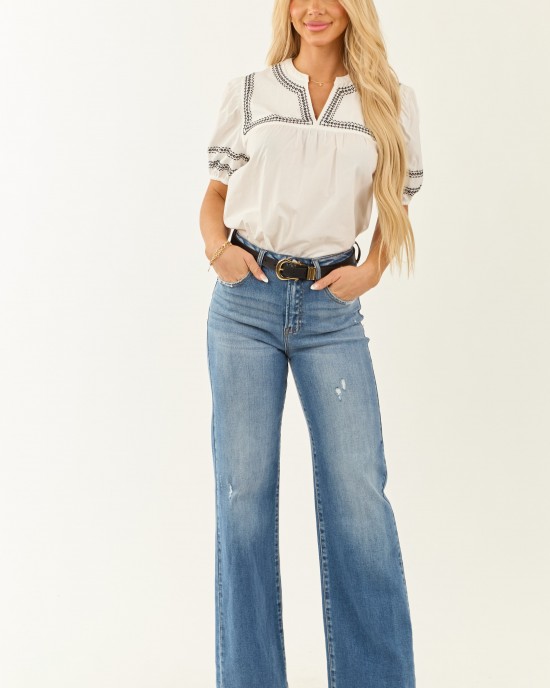 White Short Puff Sleeve Embroidered Blouse