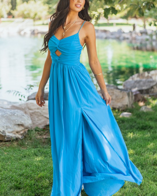 Azure Flowy Chiffon Front Twist Maxi Dress