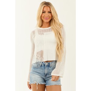 POL Ivory Lace Contrast Knit Long Sleeve Top