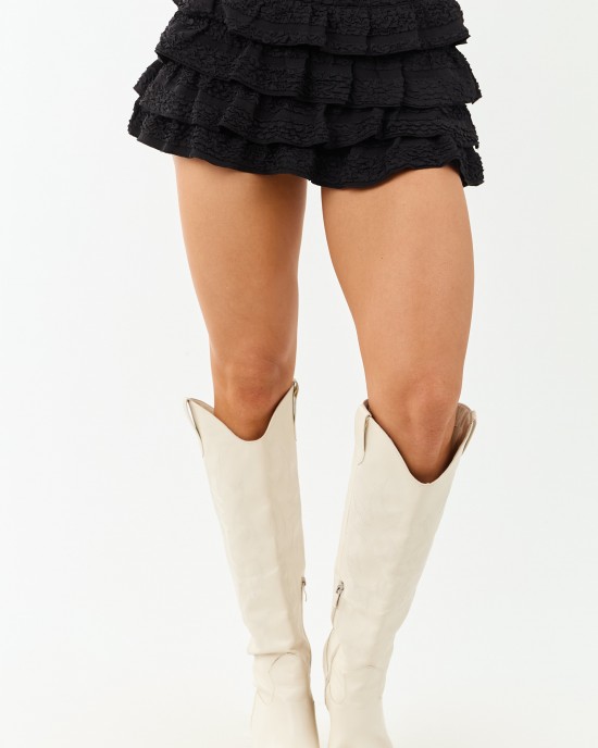 Black Crinkle Knit Tiered Ruffle Mini Skort