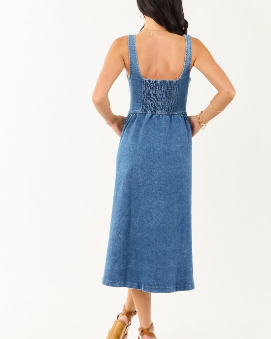 Medium Wash Button Down Sleeveless Denim Midi Dress