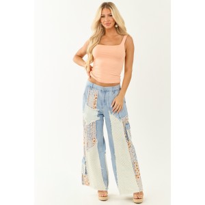 POL Medium Wash Patchwork Wide Leg Cargo Pants