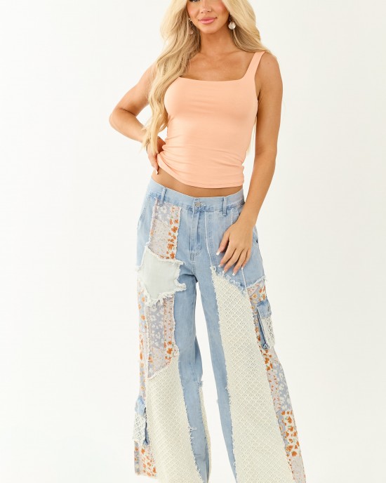 POL Medium Wash Patchwork Wide Leg Cargo Pants
