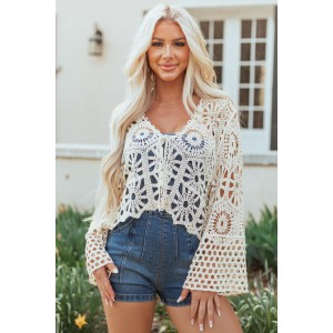 Off White Floral Open Crochet Front Tie Cardigan