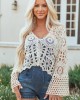 Off White Floral Open Crochet Front Tie Cardigan
