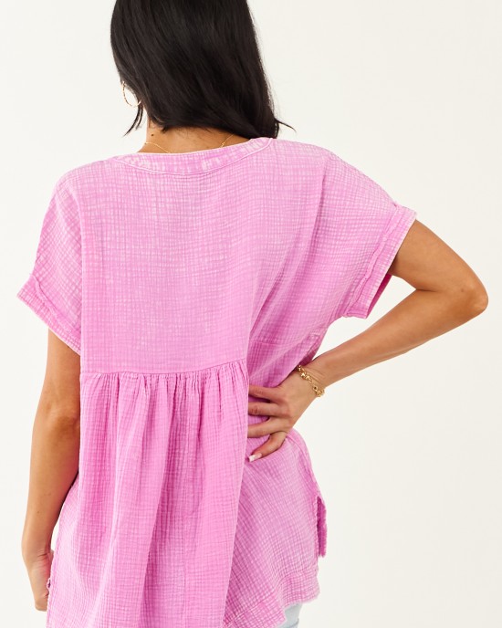 Orchid Washed Double Gauze Cotton Short Sleeve Top Orchid Washed Double Gauze Cotton Short Sleeve Top