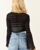 Black Flare Sleeve Tie Front Crochet Knit Cardigan