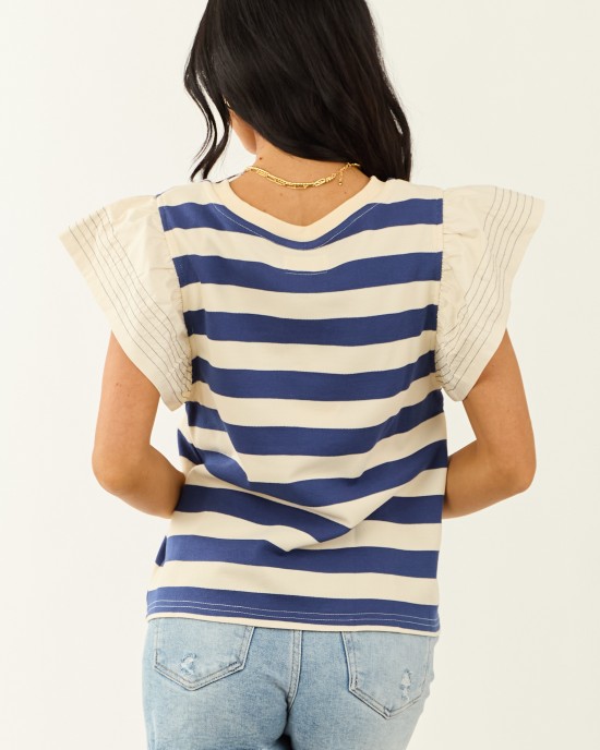 Navy and Cream Striped Ruffle Sleeve Top