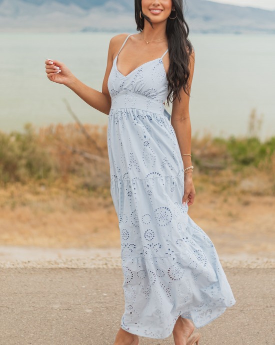 Sky Blue Floral Eyelet Sleeveless Cotton Maxi Dress