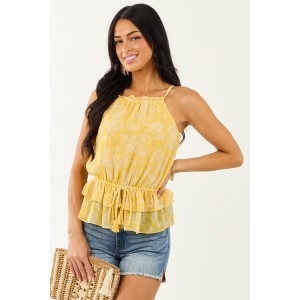 Canary Yellow Floral Swiss Dot Halter Neck Tank Top